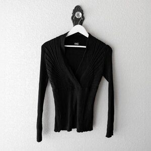 INC Womens Size Medium Black Ribbed Surplice V-Neck Long Sleeve Sweater Top